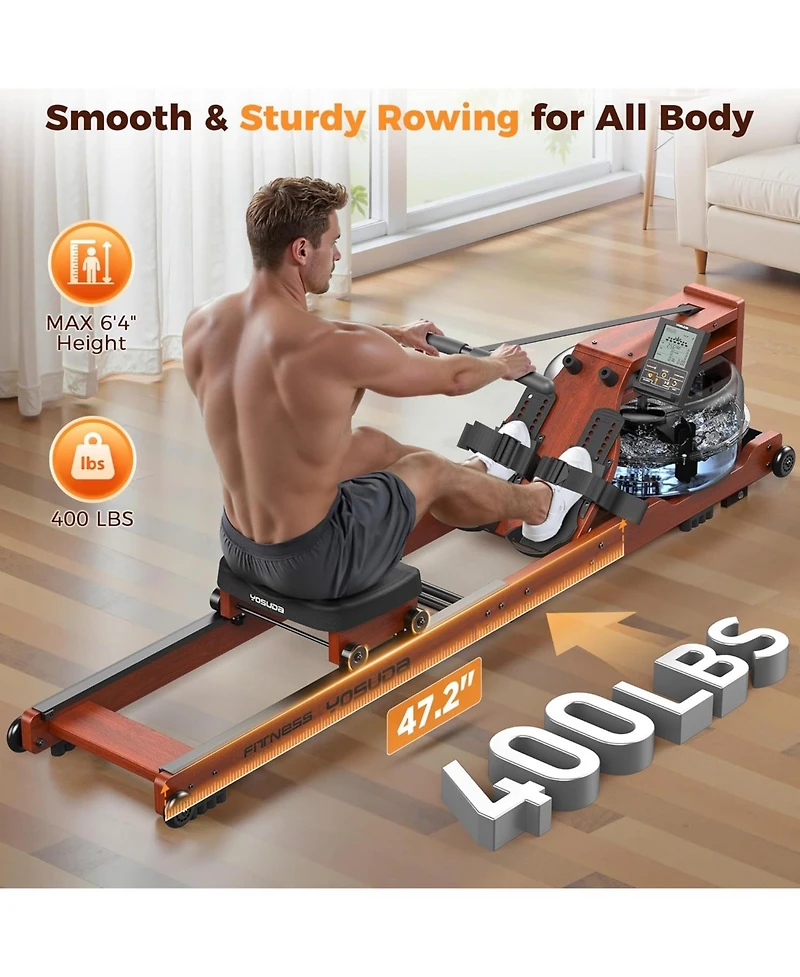Fed Fitness Wood Water Rowing Machine for Home Use, Foldable Rower 400LBS Weight Capacity with Monitor and Bluetooth App, Comfortable Seat