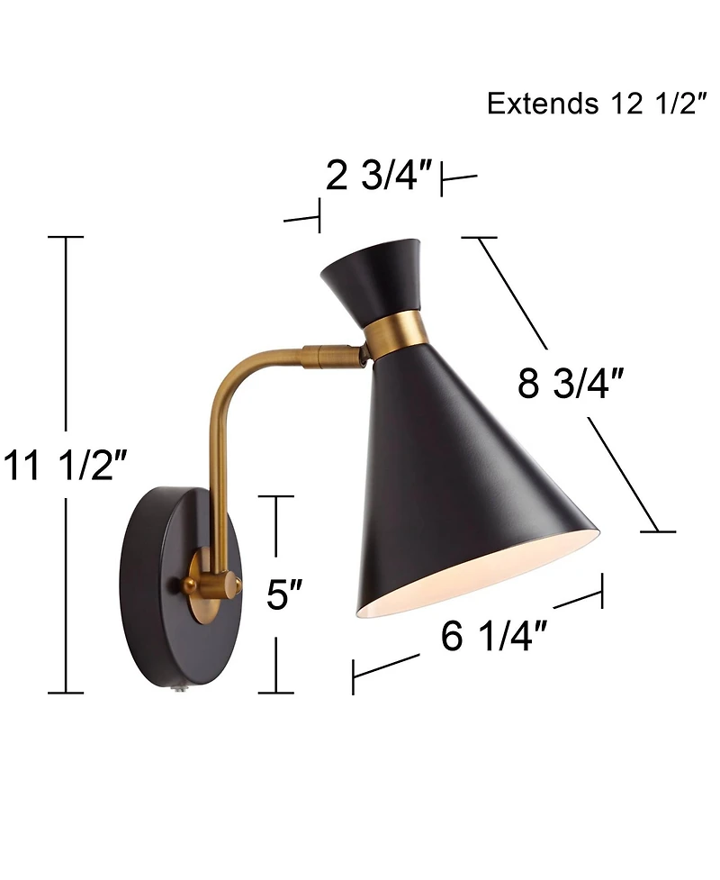 360 Lighting Venice Mid Century Modern Wall Lamps Set of 2 Matte Black Brass Plug-in 6 1/4" Light Fixture Cone Shade for Bedroom Reading Living Room