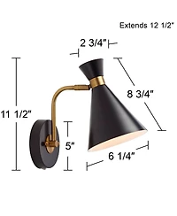 360 Lighting Venice Mid Century Modern Wall Lamps Set of 2 Matte Black Brass Plug-in 6 1/4" Light Fixture Cone Shade for Bedroom Reading Living Room