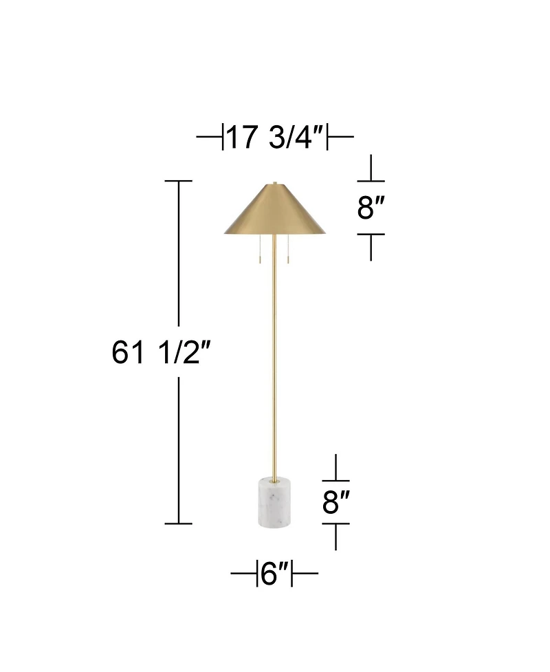 Possini Euro Design Scava Mid Century Modern 61 1/2" Tall Standing Floor Lamp Pole Pull Chain Marble Antique Brass Finish