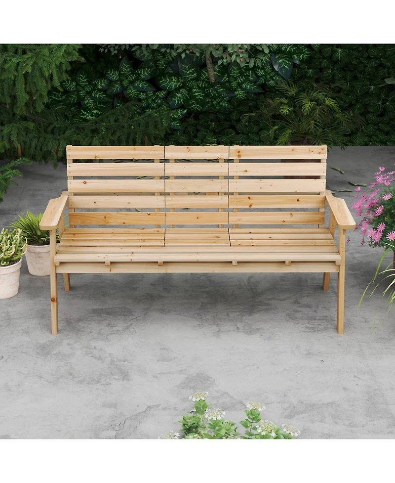 Gymax Outdoor Fir Wood Bench Foldable Middle Table w/ Backrest and Armrests