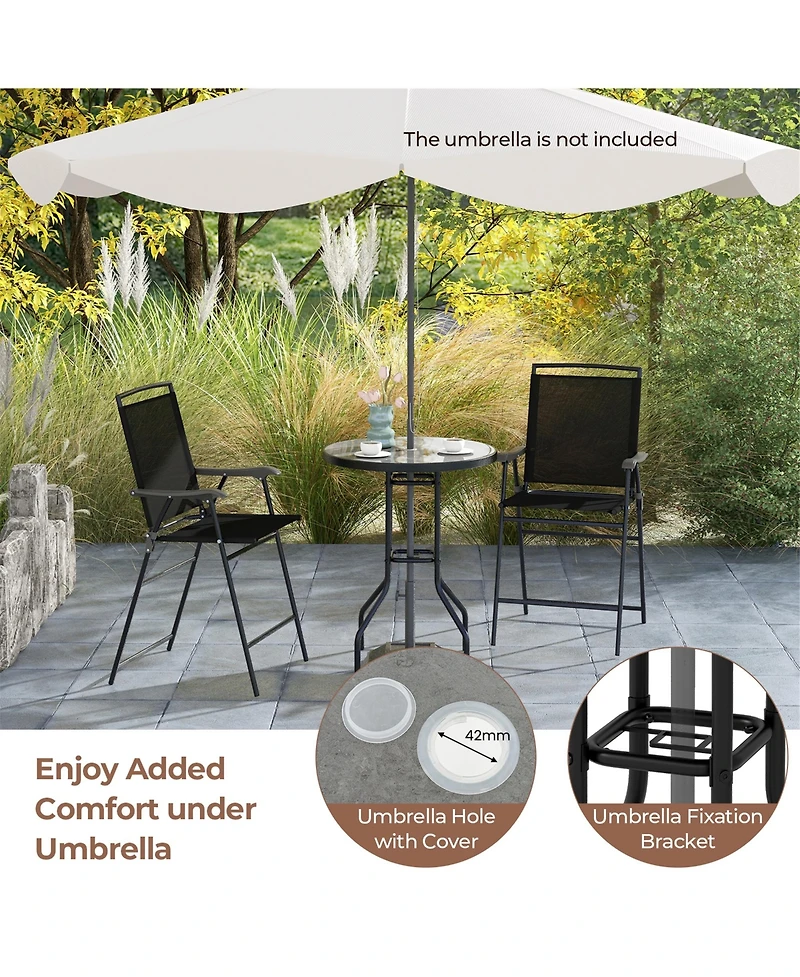 Gymax 3 Pcs Outdoor Bar Stool Set Dpc Tabletop Umbrella Hole and Footrest 2 Chairs