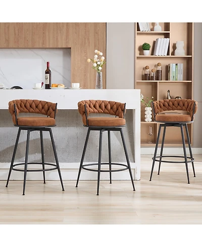 Dyhome 28 inch Bar Stools Set of 3, Modern Counter Height Stools, 360° Swivel Suede Fabric Stool Chairs with Woven Back and Footrest