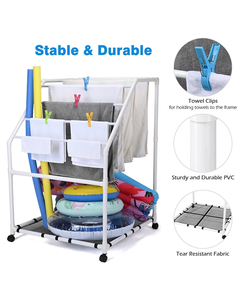 Yescom 274 Gallon Pool Float Storage Bin with Towel Rack Holder Set Rolling Toys Cart Organizer