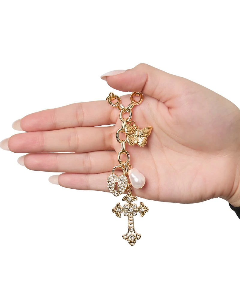 Jessica Simpson Gold-Tone Charm Link Necklace with Cross, Heart and Pearl Accents
