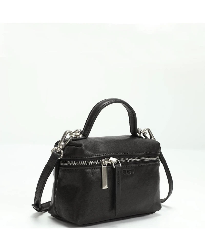 Susu Bella Vintage Leather Vanity Case Crossbody Bag, Mini Box Top Handle Small Purse