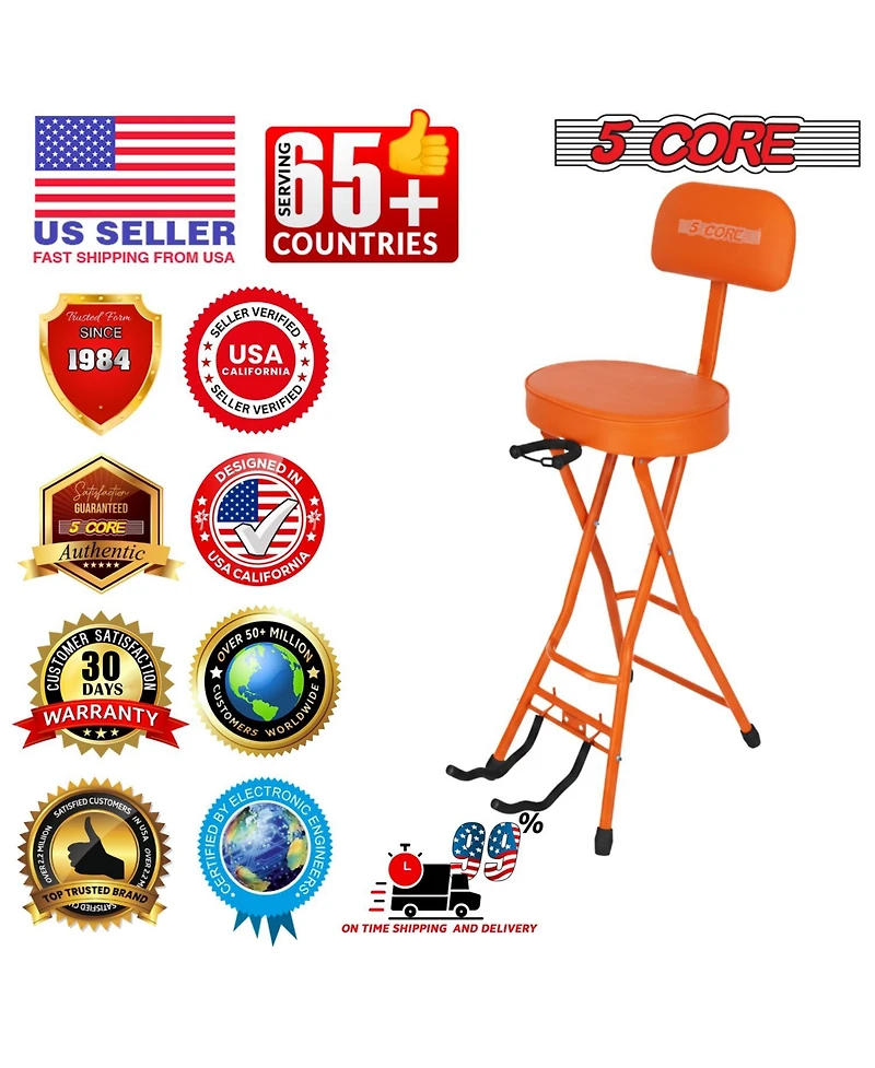 5Core Guitar Stool 3.15" Padded Chair w Backrest Foldable Music Seat Built in Foot Rest Guitar Stand