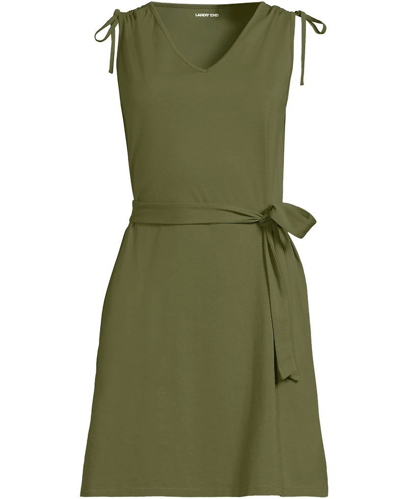 Lands' End Women's Cotton Jersey Shoulder Tie Belted Mini Dress
