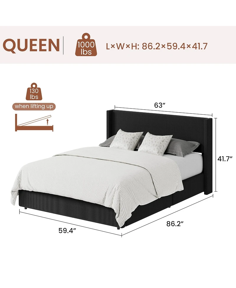gaomon Lift Up Storage Bed Frame – Corduroy Upholstered Platform with Gas Lift, Padded Headboard, No Box Spring Needed