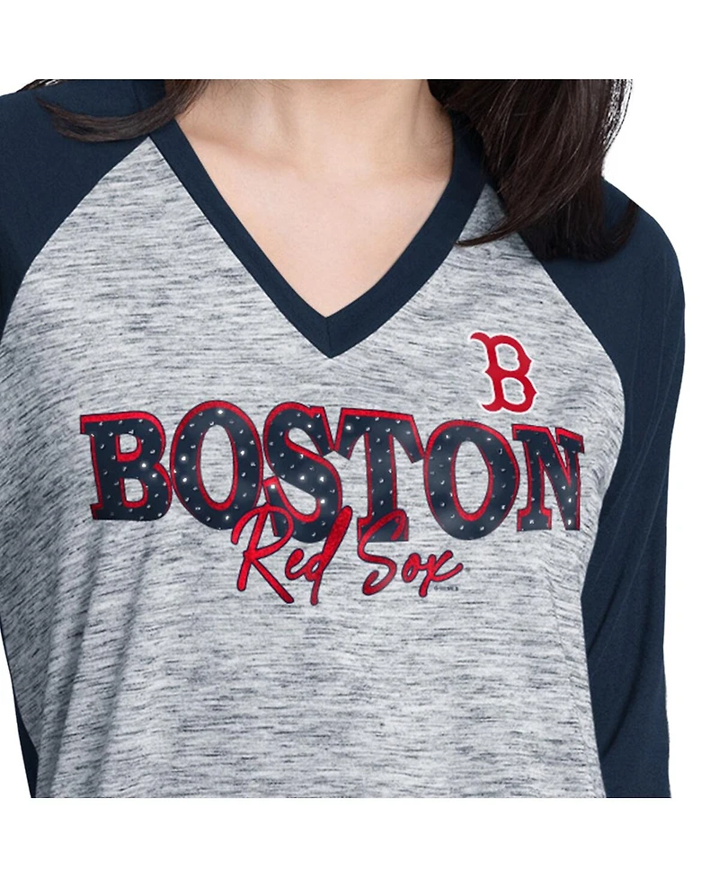 G-iii 4Her by Carl Banks Women's Navy/Heather Navy Boston Red Sox Speed Training 3/4-Sleeve Rhinestone V-Neck T-Shirt