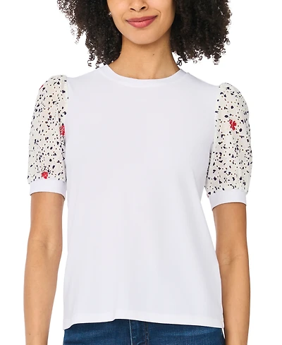CeCe Women's Short-Sleeve Crewneck Mixed Media T-Shirt