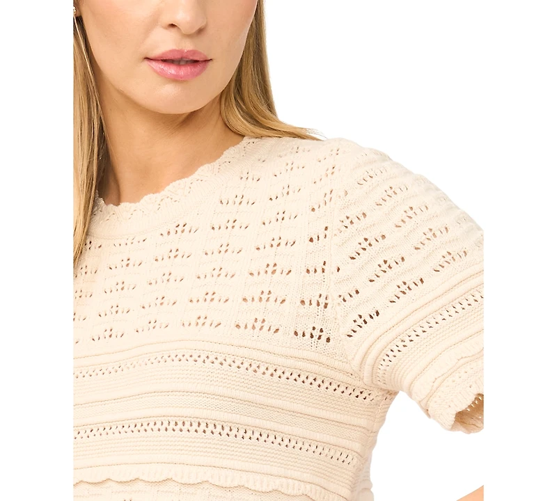 CeCe Women's Multi-Stitch Pointelle Short-Sleeve Sweater