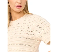 CeCe Women's Multi-Stitch Pointelle Short-Sleeve Sweater