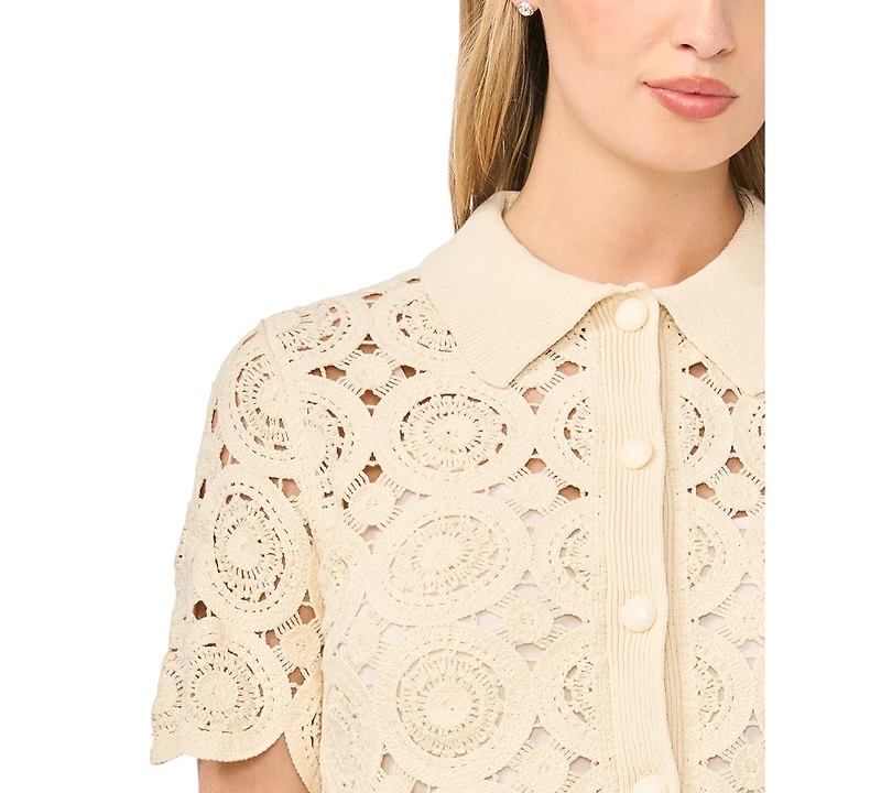 CeCe Women's Short-Sleeve Crochet Cardigan