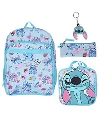 Stitch Boys' and Girls' All Over Print Backpack, Insulated Lunch Kit, Key Chain and Pencil Case, 4-Piece Set