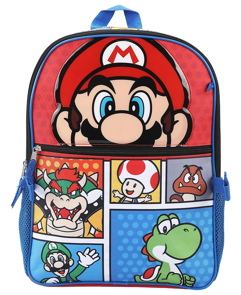 Super Mario Boys' Backpack, Lunch Bag, Pencil Case, Key Chain and Caraniber, 5-Piece Set