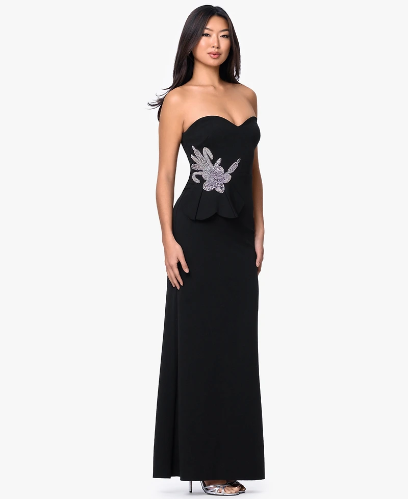 Betsy & Adam Women's Strapless Floral Accent Gown