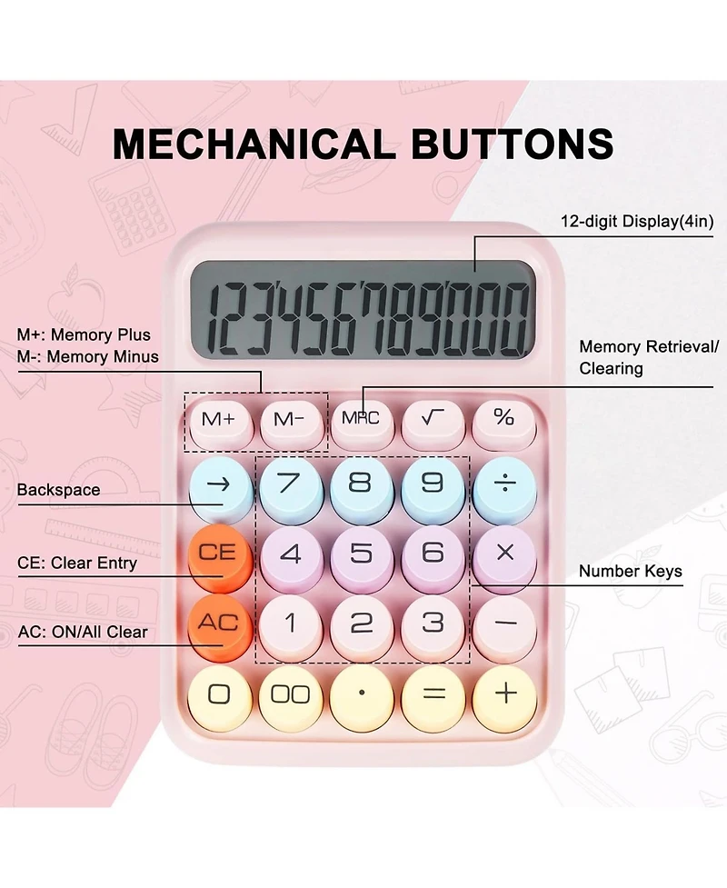 Danrong Mechanical Switch Calculator with Big Buttons, 12 Digits Large Lcd Display Desktop Calculator, Cute for Students