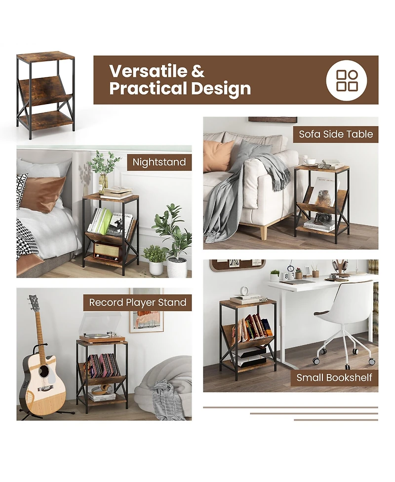 Gymax Industrial Side Table 3-Tier End Table with V-Shaped Magazine Holder Rustic