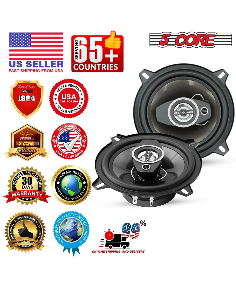 5Core Coaxial Car Door Speakers 4Pcs 350W 4Ohm 2 Way Component Subwoofer Audio w Super Tweeter