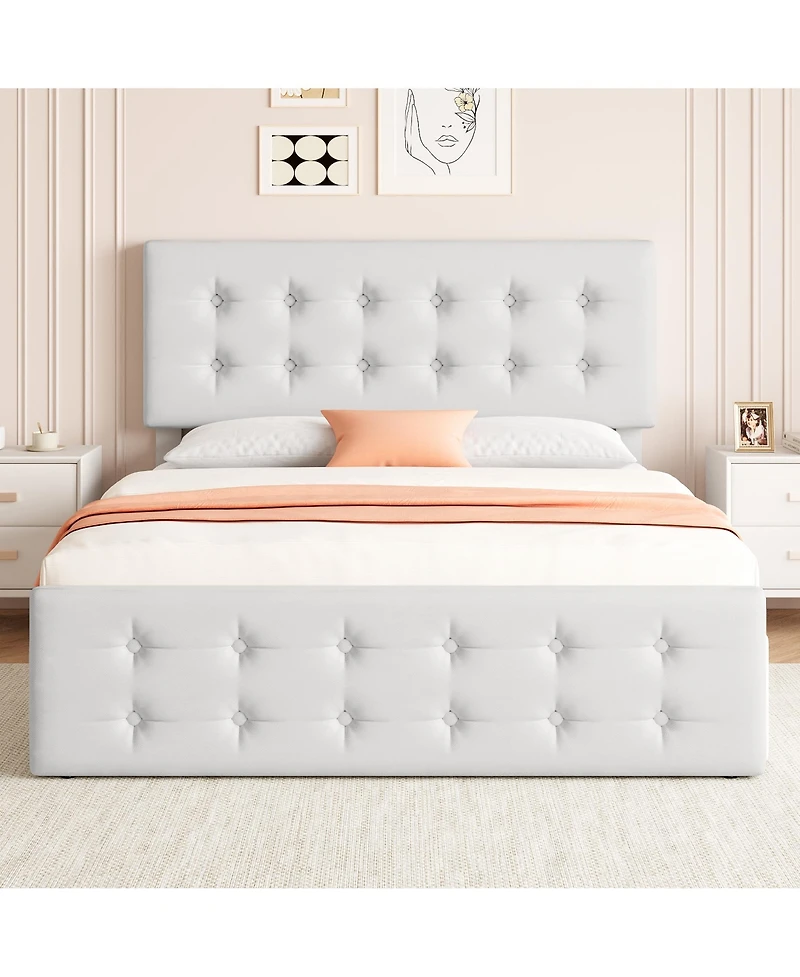 Homfan Upholstered Platform Bed Frame with 4 Storage Drawers, Button Tufted Headboard, Wooden Slats