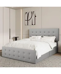 Homfan Upholstered Platform Bed Frame With 4 Storage Drawers Button Tufted Headboard Wooden Slats No Box Spring