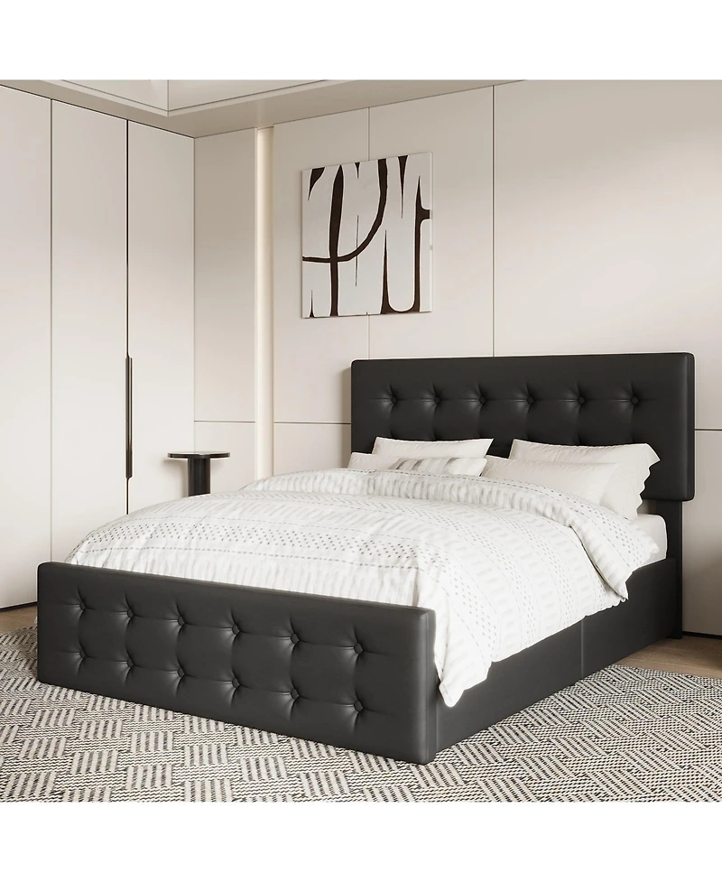 Homfan Upholstered Platform Bed Frame with 4 Storage Drawers, Button Tufted Headboard, Wooden Slats