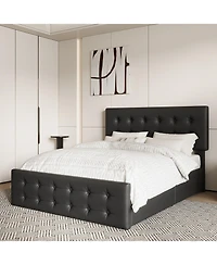 Homfan Upholstered Platform Bed Frame with 4 Storage Drawers, Button Tufted Headboard, Wooden Slats