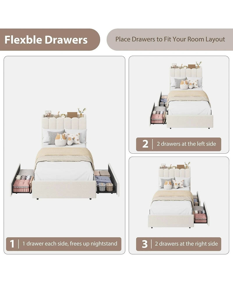 homfan Upholstered Platform Bed Frame with Led Storage Headboard and 2 Drawers