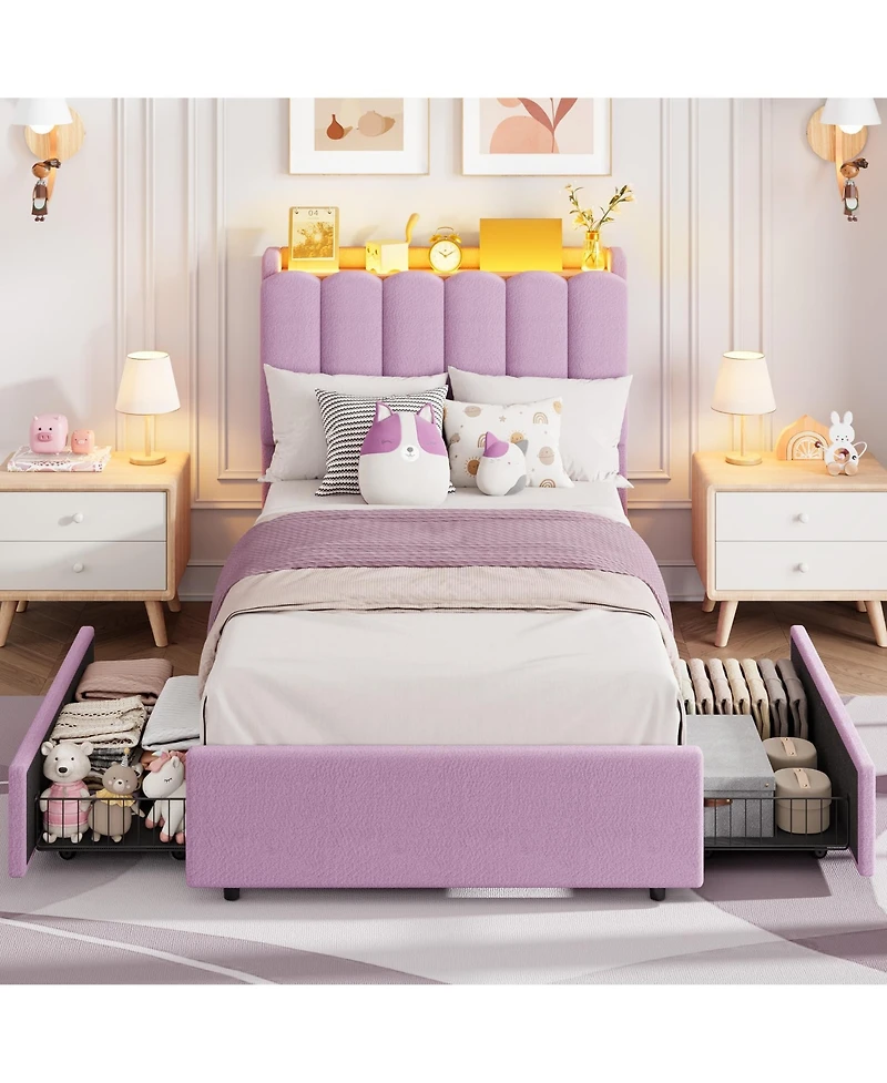homfan Upholstered Platform Bed Frame with Led Storage Headboard and 2 Drawers