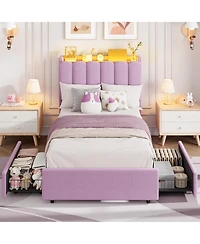 homfan Upholstered Platform Bed Frame with Led Storage Headboard and 2 Drawers