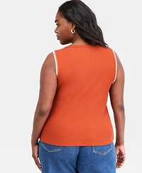 On 34th Plus Sleeveless Rib-Knit Whipstitch Button Front Top, Macy's Exclusive