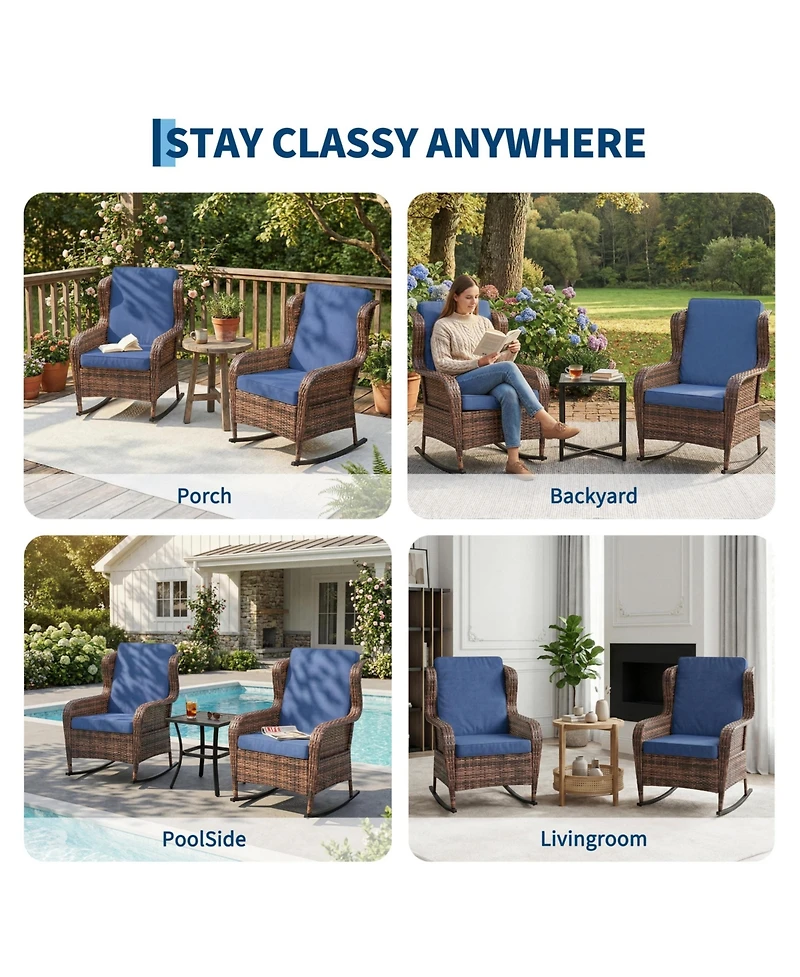 homfan Outdoor Wicker Rocking Chair with Cushions, All-Weather Patio Rocker for Porch, Deck, Balcony, or Garden