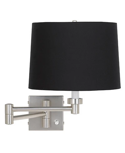 Possini Euro Design Modern Swing Arm Wall Lamp Brushed Nickel Plug-In Light Fixture Fabric Drum Shade for Bedroom Bedside