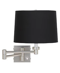 Possini Euro Design Modern Swing Arm Wall Lamp Brushed Nickel Plug-In Light Fixture Fabric Drum Shade for Bedroom Bedside