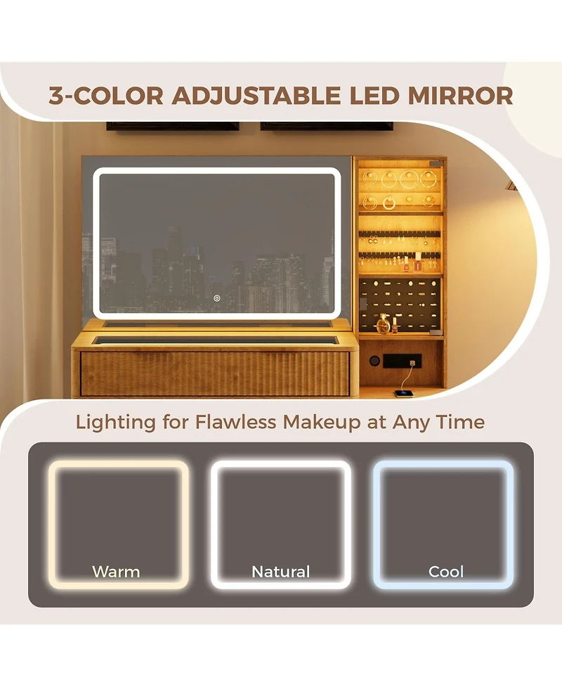 homfan Vanity Desk with Lighted Mirror, Glass Top Dressing Table Charging Station and Cushioned Storage Stool for Bedroom
