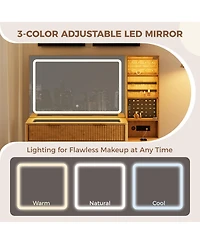 homfan Vanity Desk with Lighted Mirror, Glass Top Dressing Table Charging Station and Cushioned Storage Stool for Bedroom