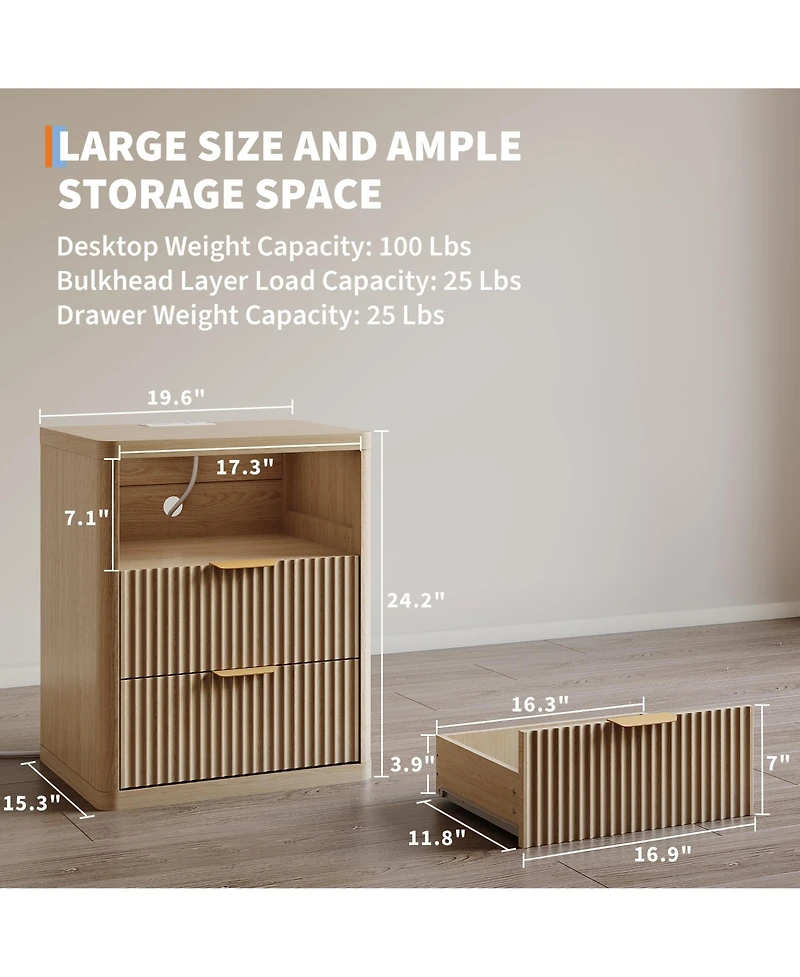 homfan Set of 2 Modern Fluted Nightstands with Charging Station, Drawers and Open Storage Shelf, Rounded Corners, Metal Handles, Wooden for Bedroom