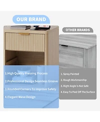 homfan Set of 2 Modern Fluted Nightstands with Charging Station, Drawers and Open Storage Shelf, Rounded Corners, Metal Handles, Wooden for Bedroom