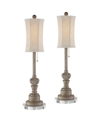 Regency Hill Bertie Traditional Buffet Table Lamps Set of 2 with Round Risers 28 Inches Tall Wood Fabric Drum Shade for Bedroom