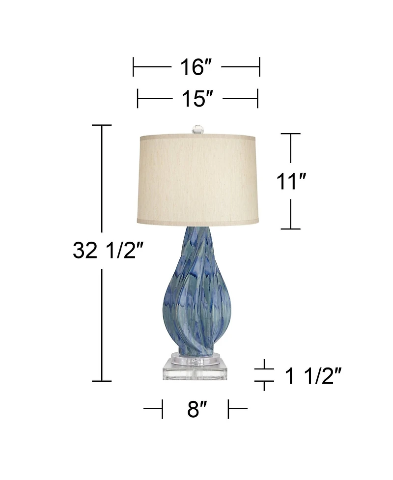 Possini Euro Design Teresa Modern Coastal Table Lamp with Square Riser 32.5 Inches Tall Drip Ceramic Drum Shade for Bedroom Living Room