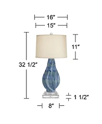 Possini Euro Design Teresa Modern Coastal Table Lamp with Square Riser 32.5 Inches Tall Drip Ceramic Drum Shade for Bedroom Living Room