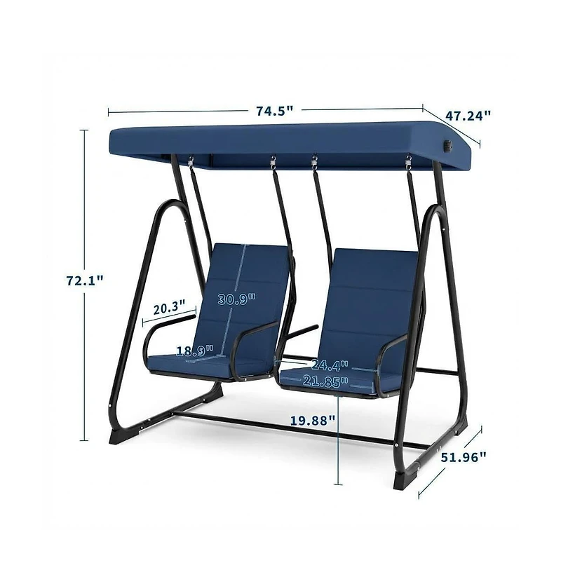GarveeLife 3-Seat Outdoor Patio Swing Chair with Adjustable Canopy and Reclining Backrest Heavy Duty Metal Frame Thick Resistant For Backyard