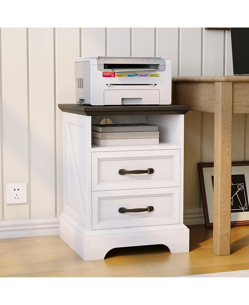 homfan Rustic Farmhouse Bedside Table with Charging Station, 2 Drawers, Usb and Ac Power Outlets, Durable Mdf Material, Metal Handles