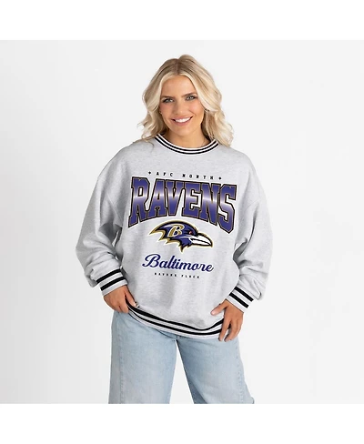 Gameday Couture Women's Ash/Black Baltimore Ravens Oversized Gridiron Drive Ringer Stripe Sweatshirt