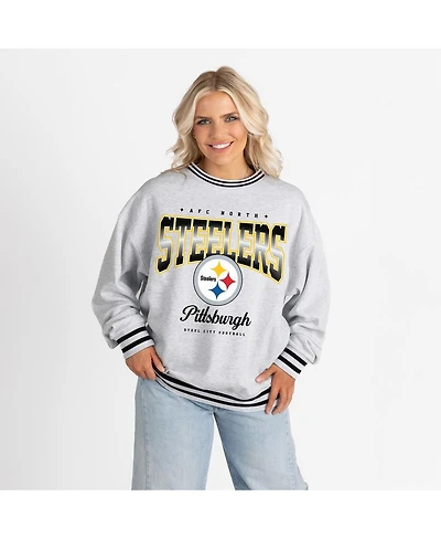 Gameday Couture Women's Ash/Black Pittsburgh Steelers Oversized Gridiron Drive Ringer Stripe Sweatshirt