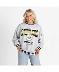 Gameday Couture Women's Ash/Black Pittsburgh Steelers Oversized Gridiron Drive Ringer Stripe Sweatshirt