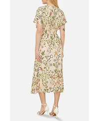 Yumi Women's Short Sleeve V-Neck Ruched Midi Dress