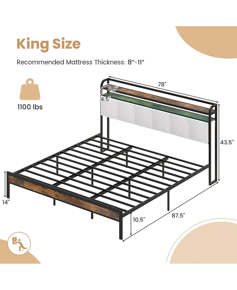 Gymax King Size Bed Frame w/Led Light and Charging Station Heavy Duty Metal Platform Bed