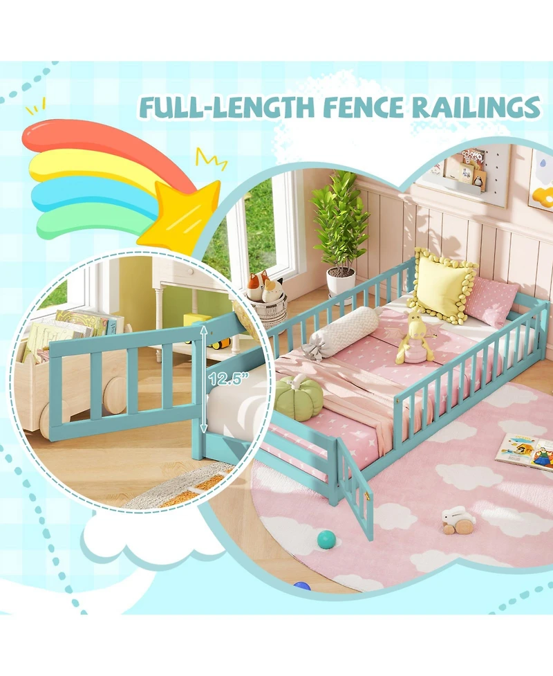 Sugift Twin Size Montessori Floor Bed Frame with Full Length Safety Guardrails